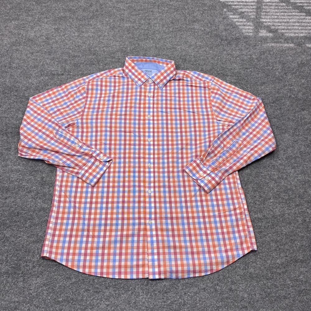 IZOD Shirt Mens Large Orange Blue Gingham Slim Fit Advantage Performance Stretch